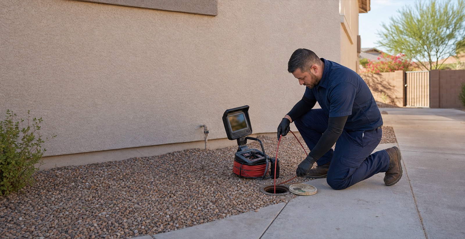 Drain technician using a sewer camera at a Peoria home